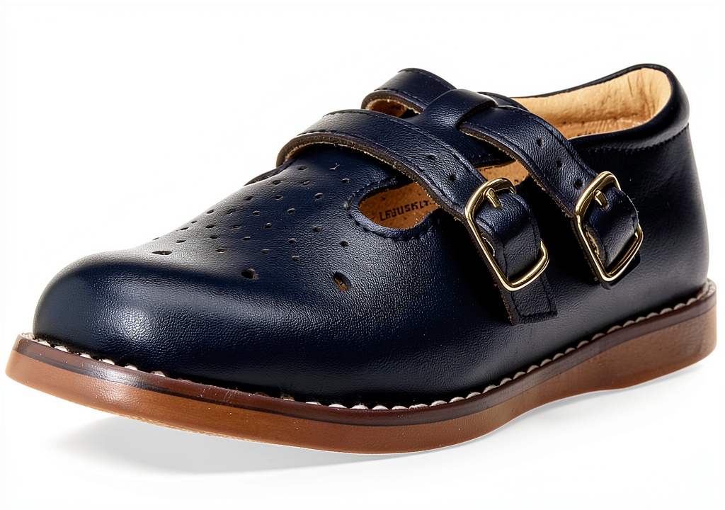 FootMates Kids Custom Fit Oxford Shoes showing dual insole system and buckle details on wooden surface