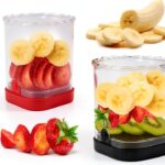 2 Pcs Fruit Slicer Cup, Strawberry Cutter Slicer Cup, Banana Egg Slicers Detachable Fruit with Push Plate, Strawberry Cutter Kitchen Gadget (Black & Red)-0